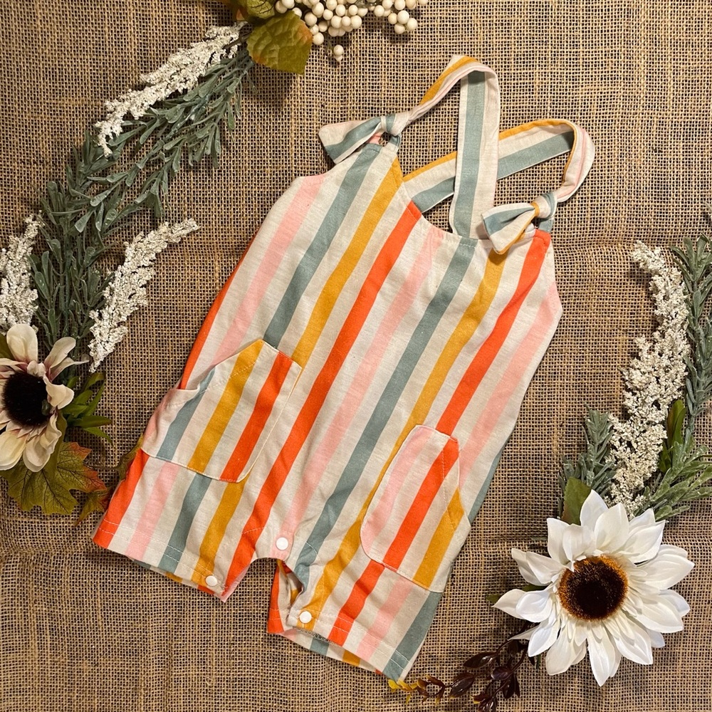Boutique Cotton Striped Romper with Crisscross Straps and Pockets